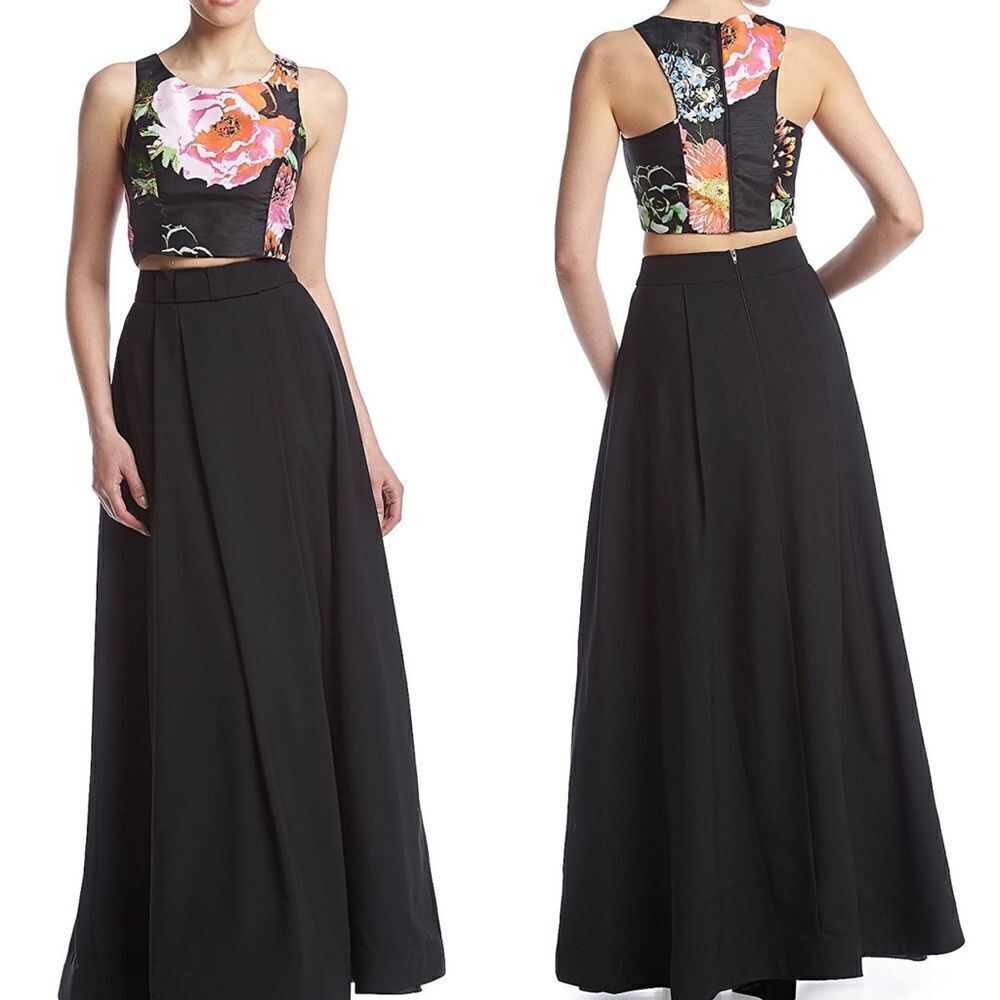 Sequin Hearts Two-Piece Sleeveless Floral Gown-BLACK